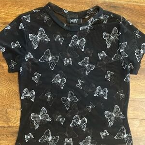 Black Butterfly Print Crop Top